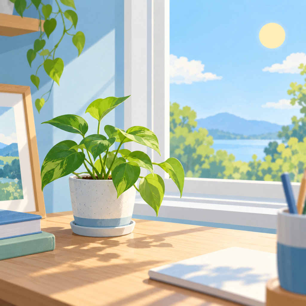 日当たりのよい窓辺に置いた鉢植えのテスト用イラスト